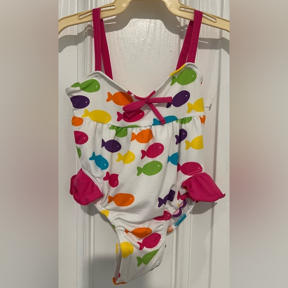 NEW! Pink Platinum White/Multi Colored Fish Baby One Piece Swimsuit Sz 12 Months - Picture 6 of 9